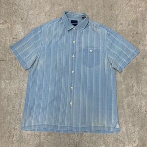 Vintage Tommy Bahama Shirt XL Blue Stripe Button Up Silk Short Sleeve Pocket Y2K